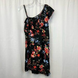 Pink Rose Womens Shift Dress Multicolor Floral One Shoulder Sleeveless Ruffle S